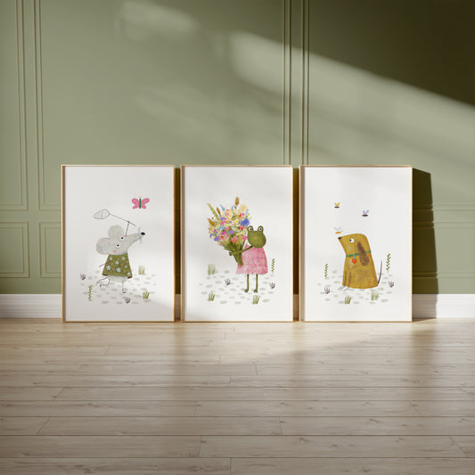 Charming Forest Companions Wall Art - Mouse, Frog, and Dog, Set of 3, N152