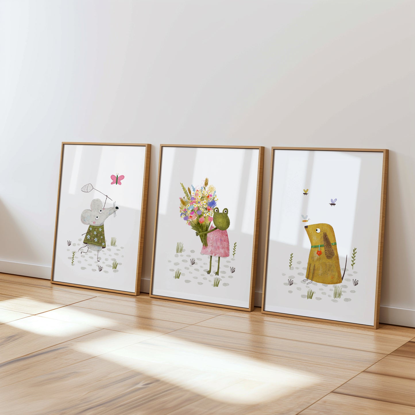 Charming Forest Companions Wall Art - Mouse, Frog, and Dog, Set of 3, N152