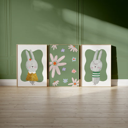 Floral Bunny Charm - Cute Kids' Room Poster Set, Set of 3, N156