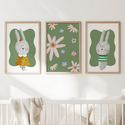 Floral Bunny Charm - Cute Kids' Room Poster Set, Set of 3, N156