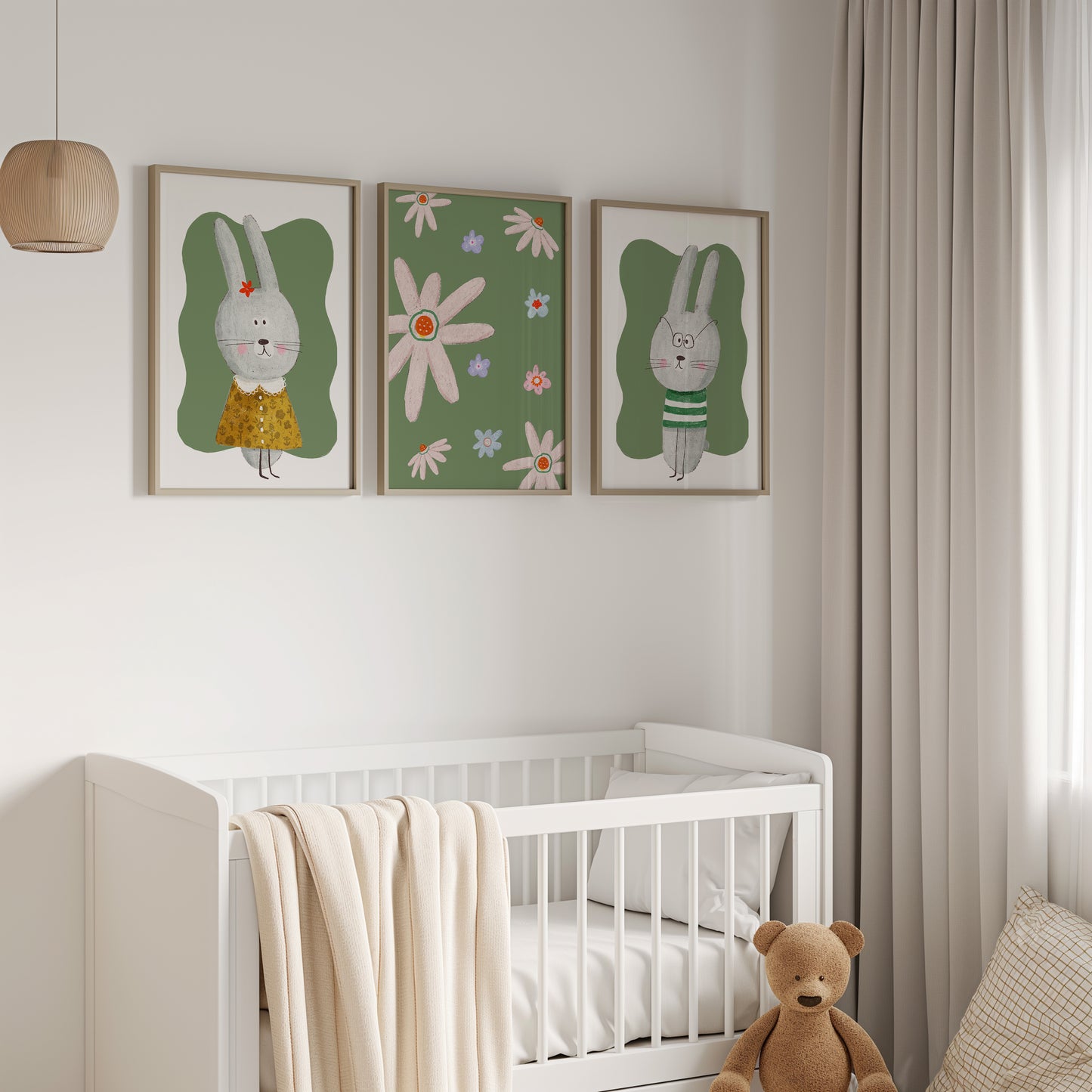 Floral Bunny Charm - Cute Kids' Room Poster Set, Set of 3, N156