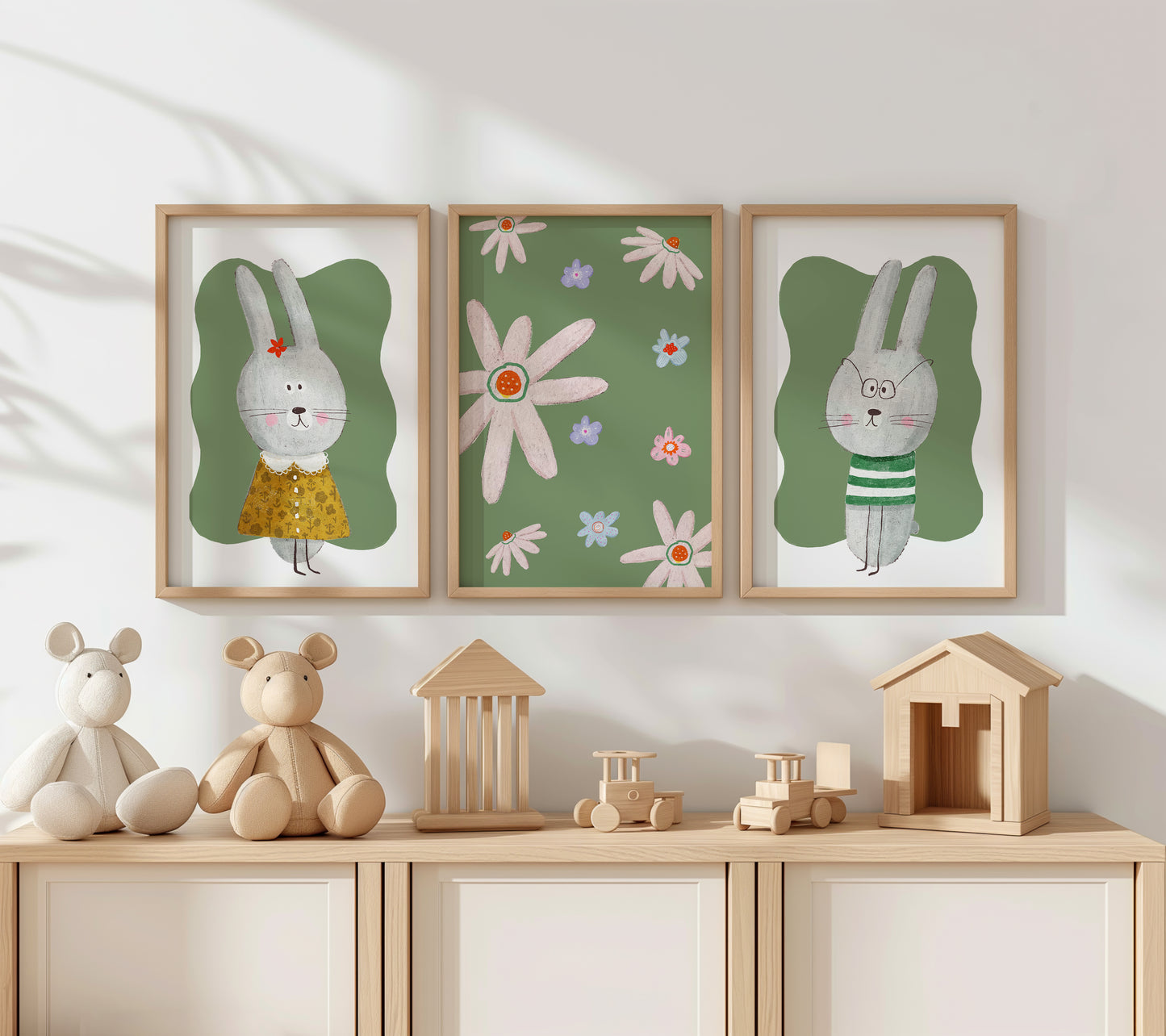 Floral Bunny Charm - Cute Kids' Room Poster Set, Set of 3, N156