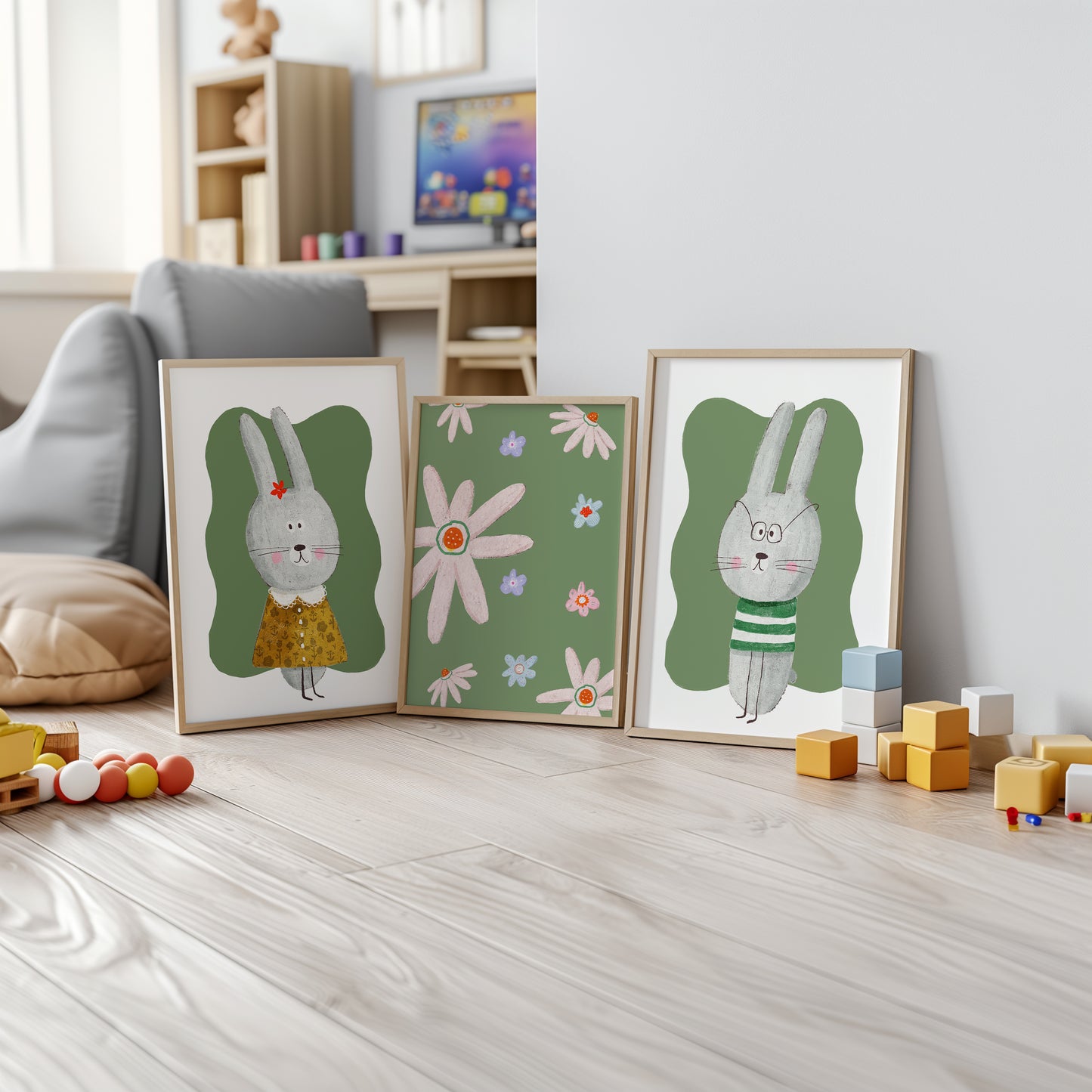 Floral Bunny Charm - Cute Kids' Room Poster Set, Set of 3, N156