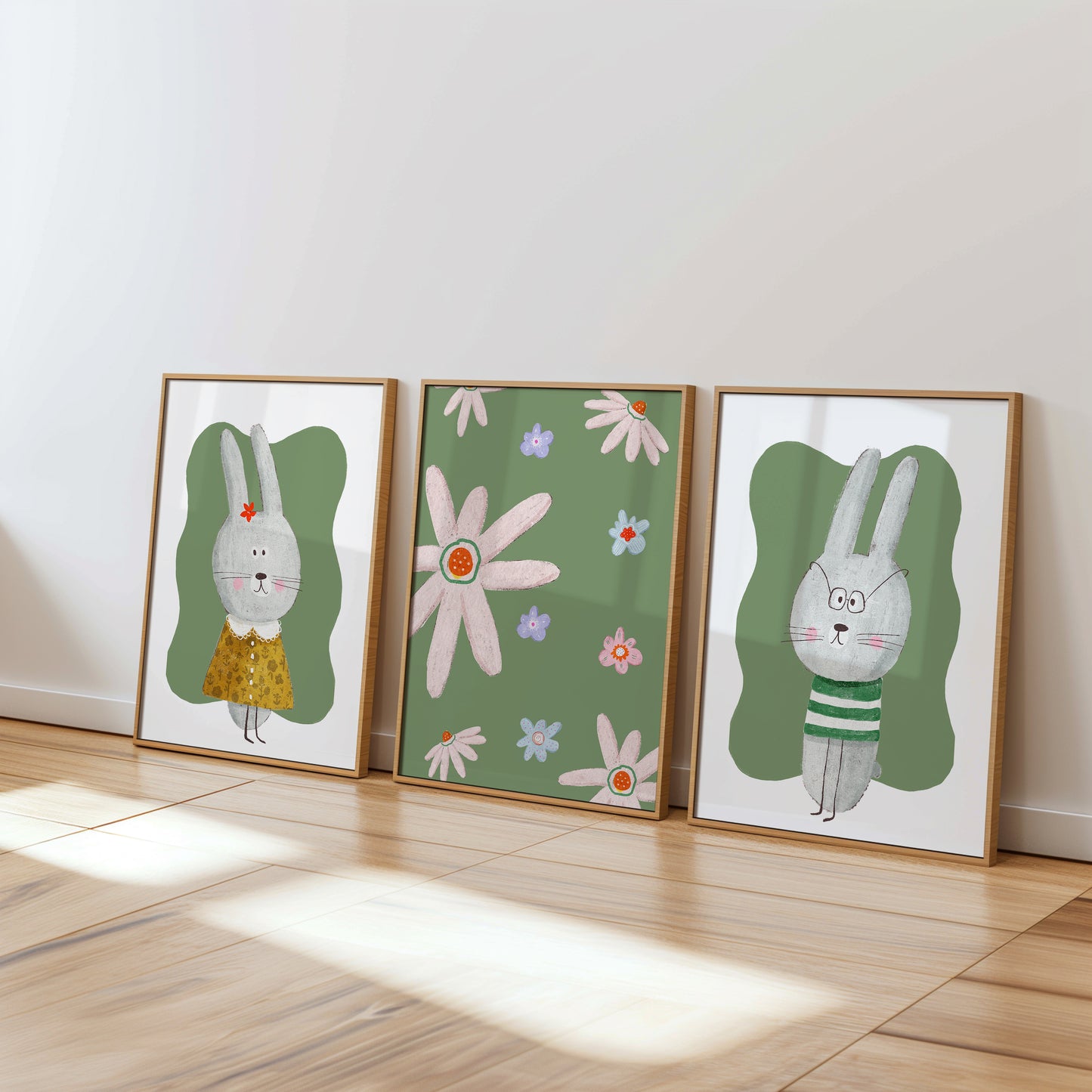 Floral Bunny Charm - Cute Kids' Room Poster Set, Set of 3, N156