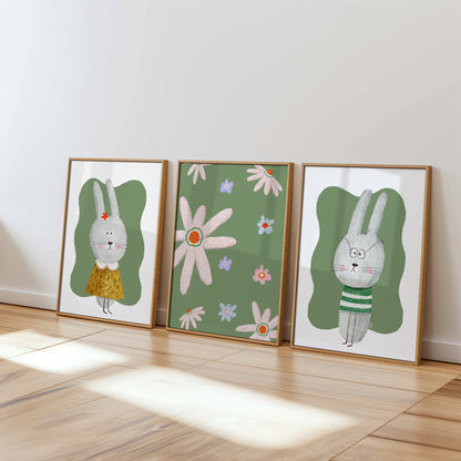 Floral Bunny Charm - Cute Kids' Room Poster Set, Set of 3, N156