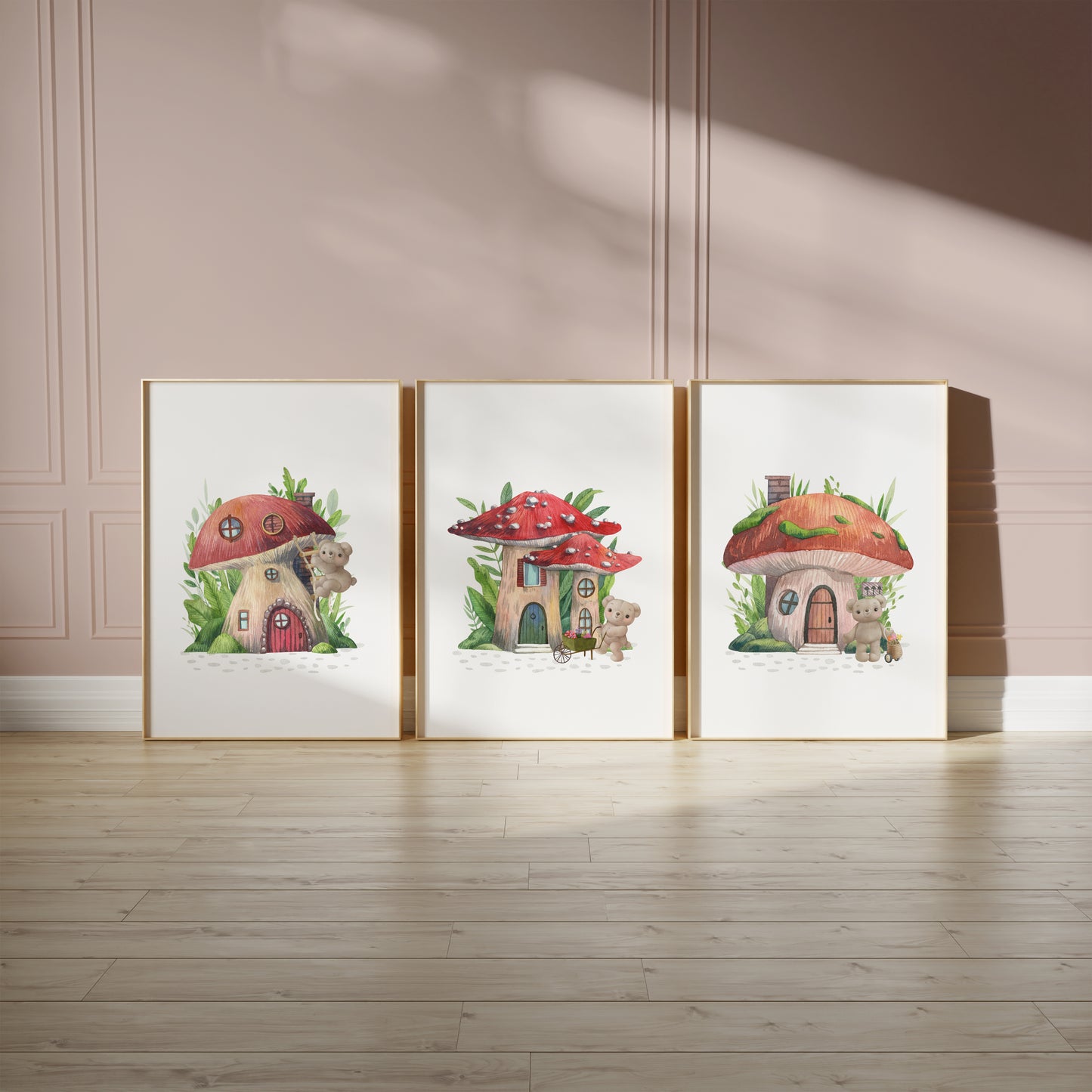 Enchanted Mushroom Hideaway - Whimsical Forest Animal Home Wall Art, Set of 3, N160