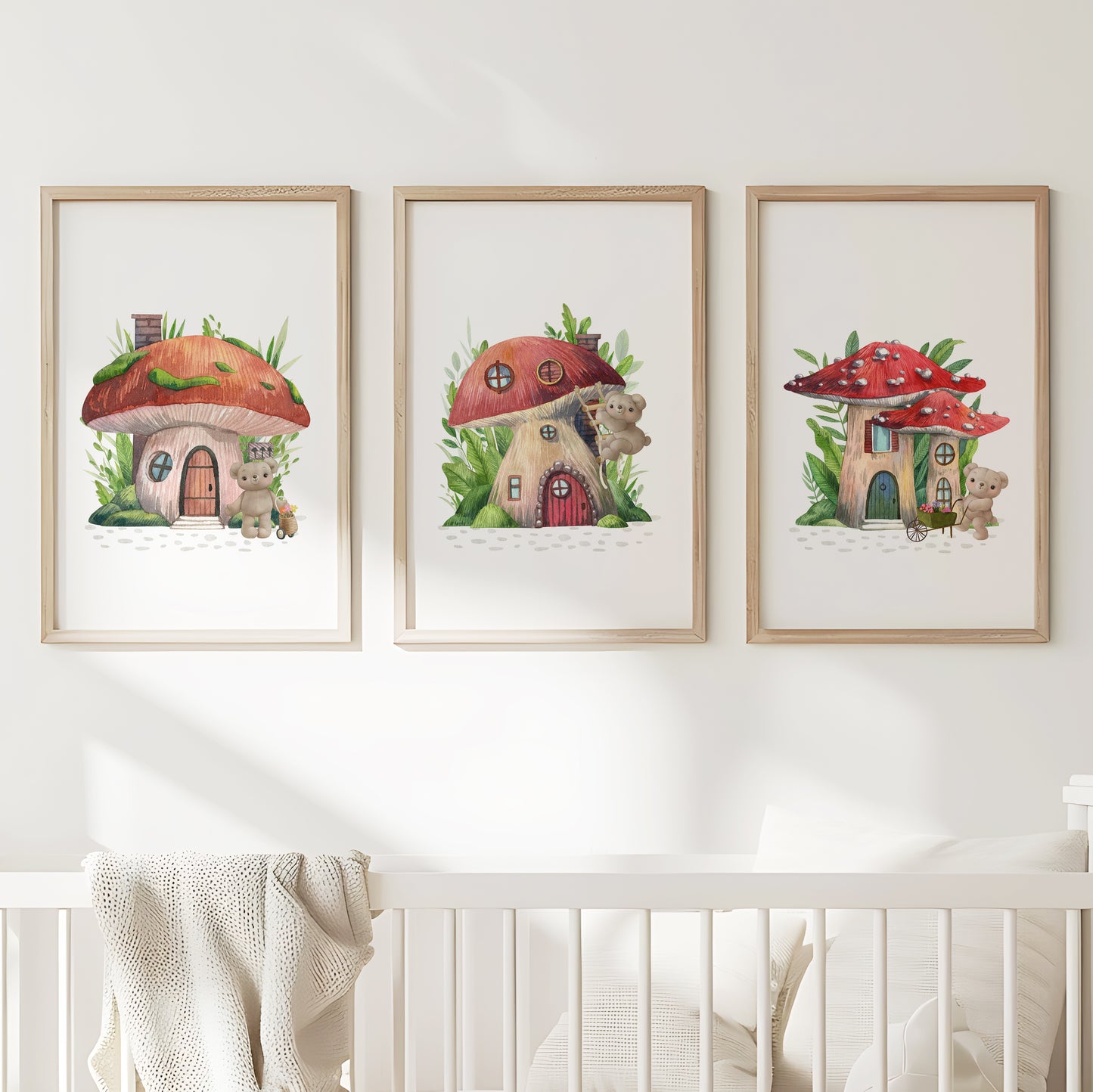 Enchanted Mushroom Hideaway - Whimsical Forest Animal Home Wall Art, Set of 3, N160