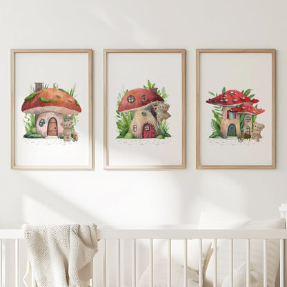 Enchanted Mushroom Hideaway - Whimsical Forest Animal Home Wall Art, Set of 3, N160