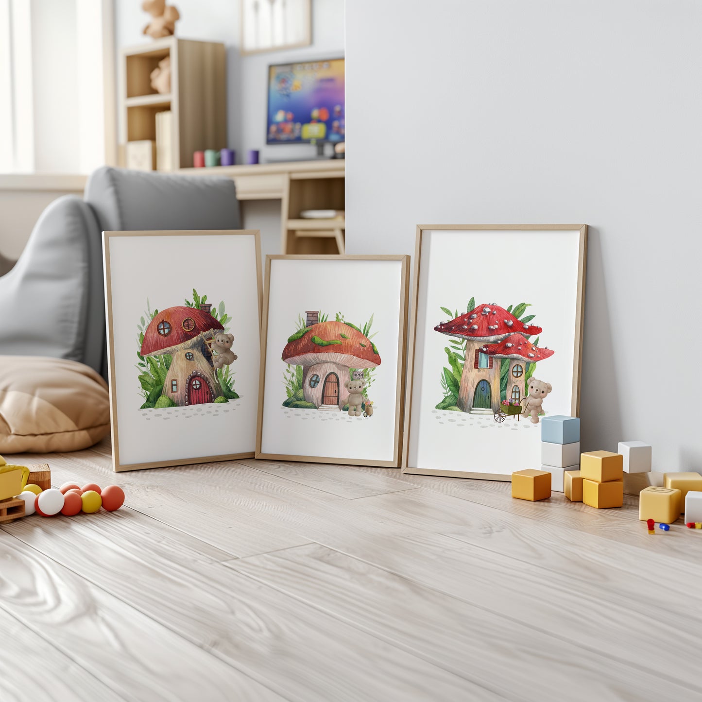 Enchanted Mushroom Hideaway - Whimsical Forest Animal Home Wall Art, Set of 3, N160