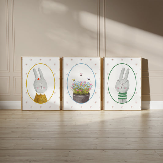 Bunny Bliss Collection – Whimsical Nursery Wall Art, Set of 3, N163