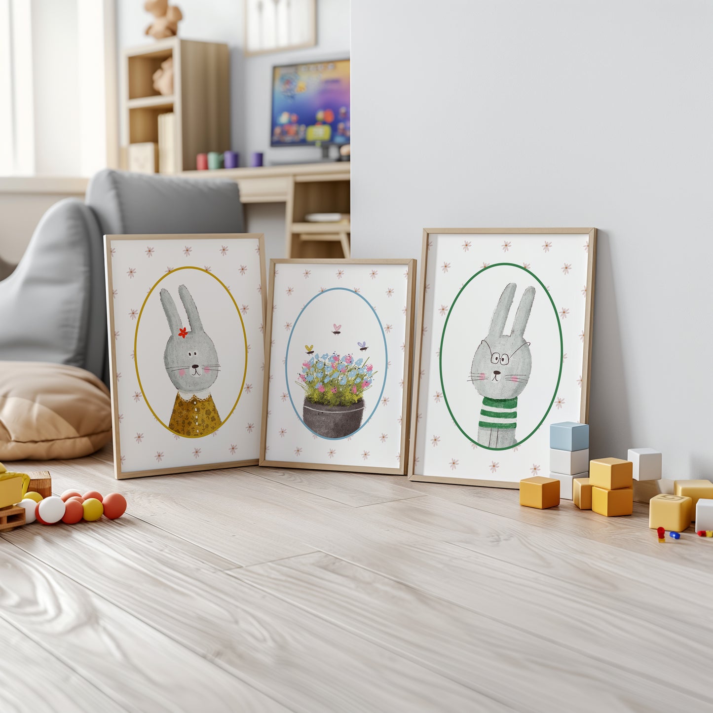 Bunny Bliss Collection – Whimsical Nursery Wall Art, Set of 3, N163