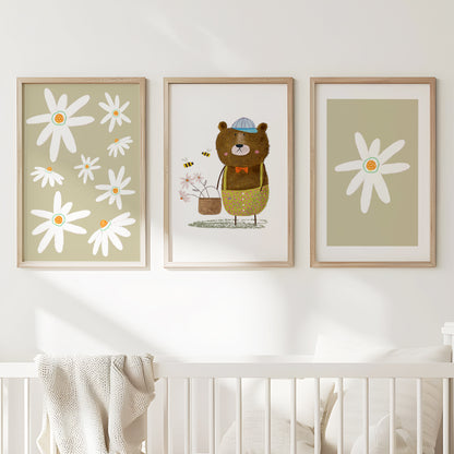 Honey Bear Blooms – Cozy Nature Nursery Art, Set of 3, N164