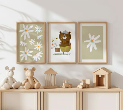 Honey Bear Blooms – Cozy Nature Nursery Art, Set of 3, N164