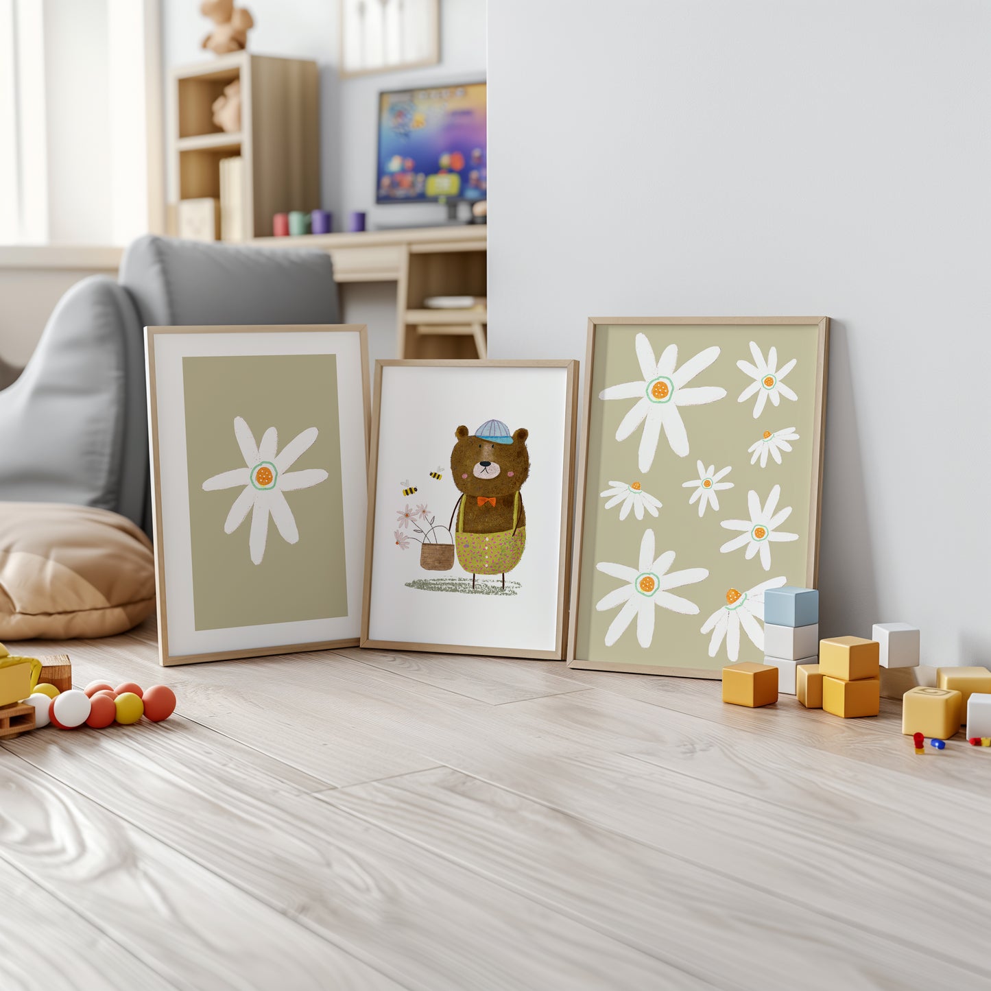 Honey Bear Blooms – Cozy Nature Nursery Art, Set of 3, N164