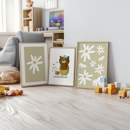 Honey Bear Blooms – Cozy Nature Nursery Art, Set of 3, N164