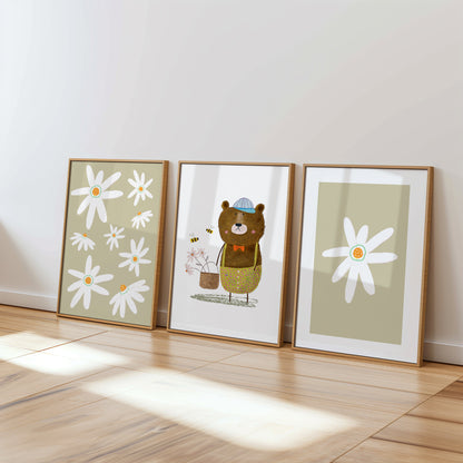 Honey Bear Blooms – Cozy Nature Nursery Art, Set of 3, N164