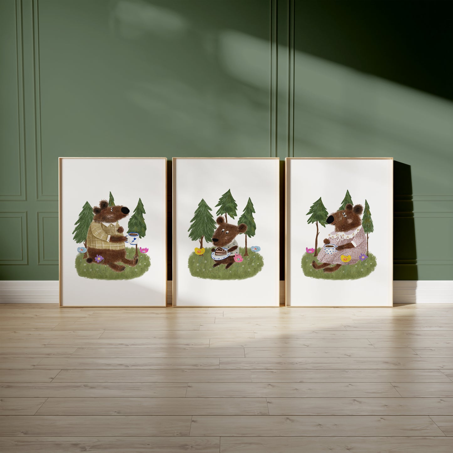 Bear Family Picnic: Forest Tales for Kids' Room Decor, Set of 3, N166