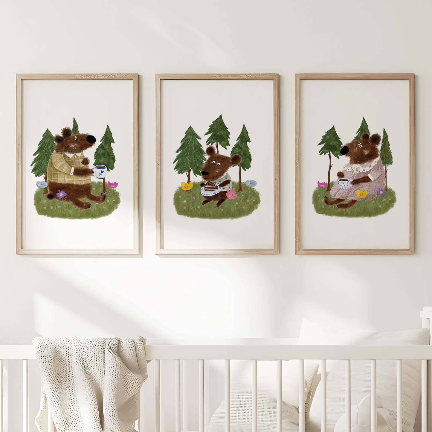 Bear Family Picnic: Forest Tales for Kids' Room Decor, Set of 3, N166