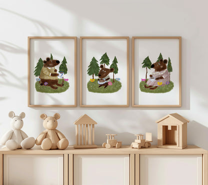 Bear Family Picnic: Forest Tales for Kids' Room Decor, Set of 3, N166