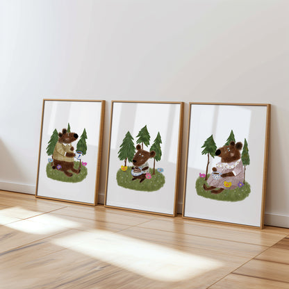 Bear Family Picnic: Forest Tales for Kids' Room Decor, Set of 3, N166