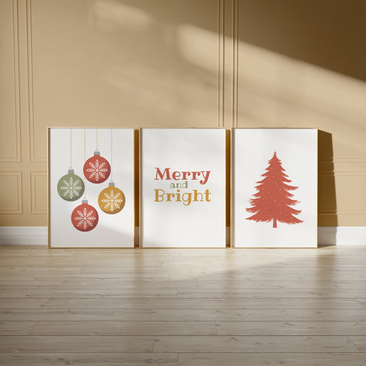 Rustic Christmas Wall Trio – Cozy Ornaments, Holiday Message, Red Pine Tree, Set of 3, N182