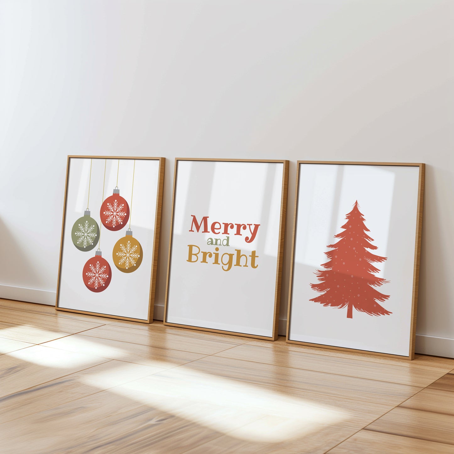 Rustic Christmas Wall Trio – Cozy Ornaments, Holiday Message, Red Pine Tree, Set of 3, N182