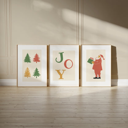 Joyful Holiday Vibes - Christmas Tree Art, Modern Holiday Wall Decor, Seasonal Santa Prints, Set of 3, N183