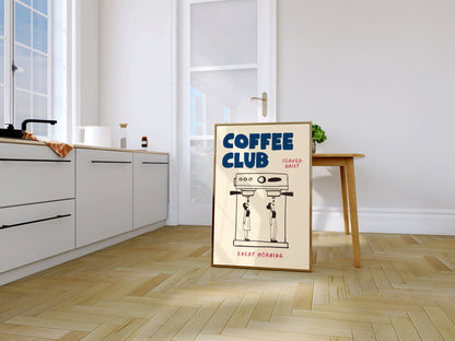 Coffee Club Poster with 2 Women – Coffee Wall Art, Espresso Machine Print, Retro Kitchen Poster, Bar Wall Decor, Coffee Lover Gift MR24