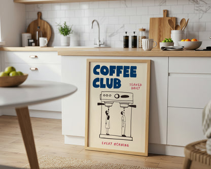 Coffee Club Art Print – Funny Coffee Wall Art for Kitchen or Office – Hand Drawn Poster for Coffee Lovers