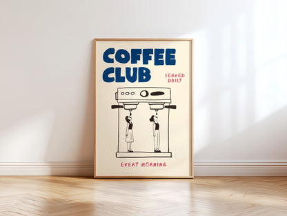 Coffee Club Poster with 2 Women – Coffee Wall Art, Espresso Machine Print, Retro Kitchen Poster, Bar Wall Decor, Coffee Lover Gift MR24