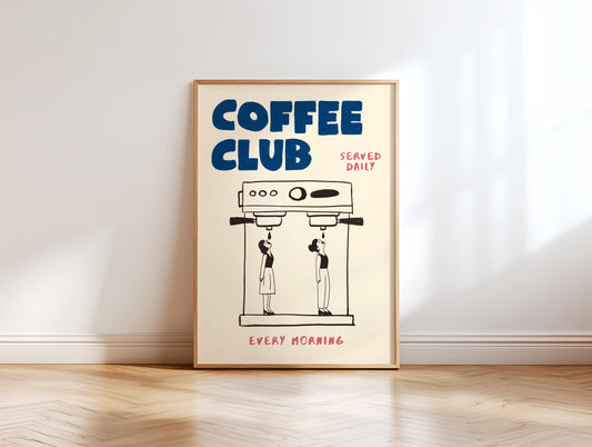 Coffee Club Poster with 2 Women – Coffee Wall Art, Espresso Machine Print, Retro Kitchen Poster, Bar Wall Decor, Coffee Lover Gift MR24