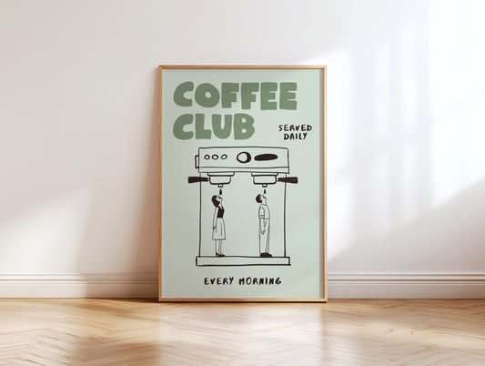 Coffee Club Art Print – Funny Coffee Wall Art for Kitchen or Office – Hand Drawn Poster for Coffee Lovers