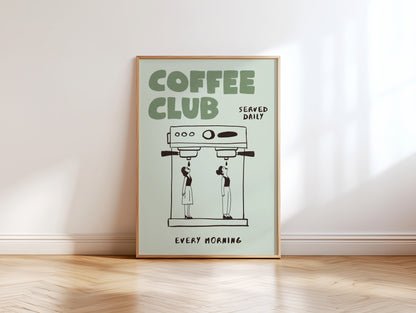 Coffee Club Poster with 2 Women – Coffee Wall Art, Espresso Machine Print, Retro Kitchen Poster, Bar Wall Decor, Coffee Lover Gift MR24