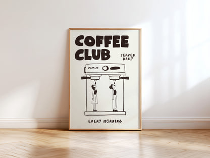 Coffee Club Poster with 2 Women – Coffee Wall Art, Espresso Machine Print, Retro Kitchen Poster, Bar Wall Decor, Coffee Lover Gift MR24