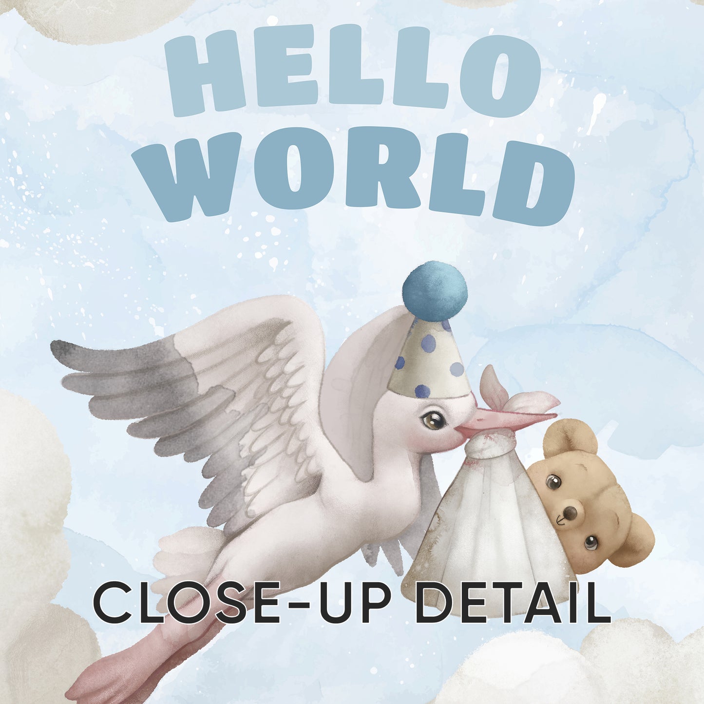 Hello World Stork Arrival – Baby Nursery Cloud Theme, Set of 3, N112