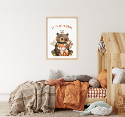 Cozy Forest Companions: Bear and Fox Wall Art N013