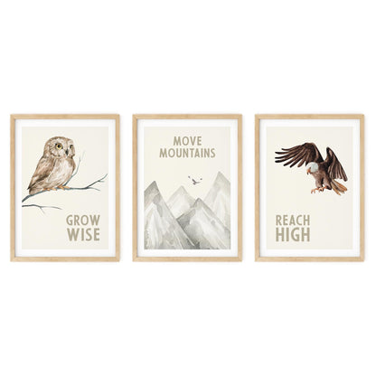 Woodland Nursery Art Prints, Owl Eagle Mountain Decor (Set of 3) N45