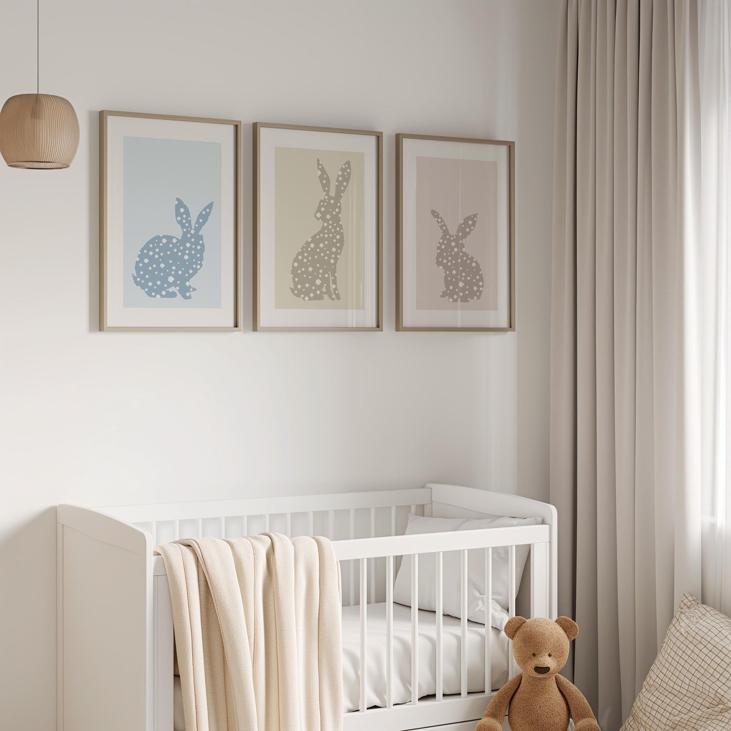 Set of 3 Prints Bunny Nursery Decor, Woodland Animal wall art, Cute Neutral Nursery Print, Kids room poster, Rabbit Silhouette Prints N188
