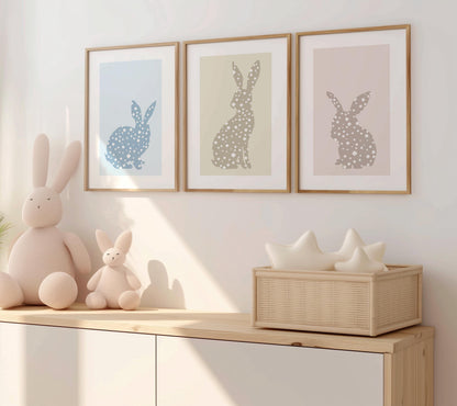 Set of 3 Prints Bunny Nursery Decor, Woodland Animal wall art, Cute Neutral Nursery Print, Kids room poster, Rabbit Silhouette Prints N188