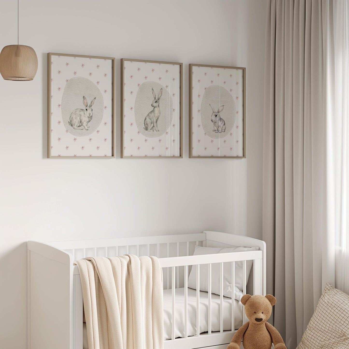 Bunny Nursery Wall Art Set of 3, Woodland Animals Prints, Baby Shower Gift, Kids Room Posters, Nursery Decor N190
