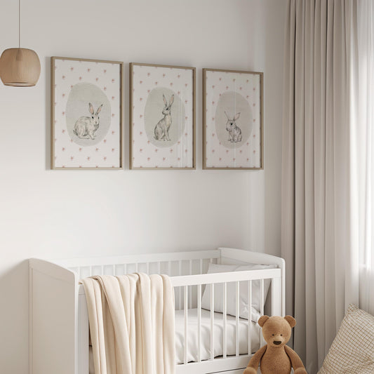 Bunny Nursery Wall Art Set of 3, Woodland Animals Prints, Baby Shower Gift, Kids Room Posters, Nursery Decor N190