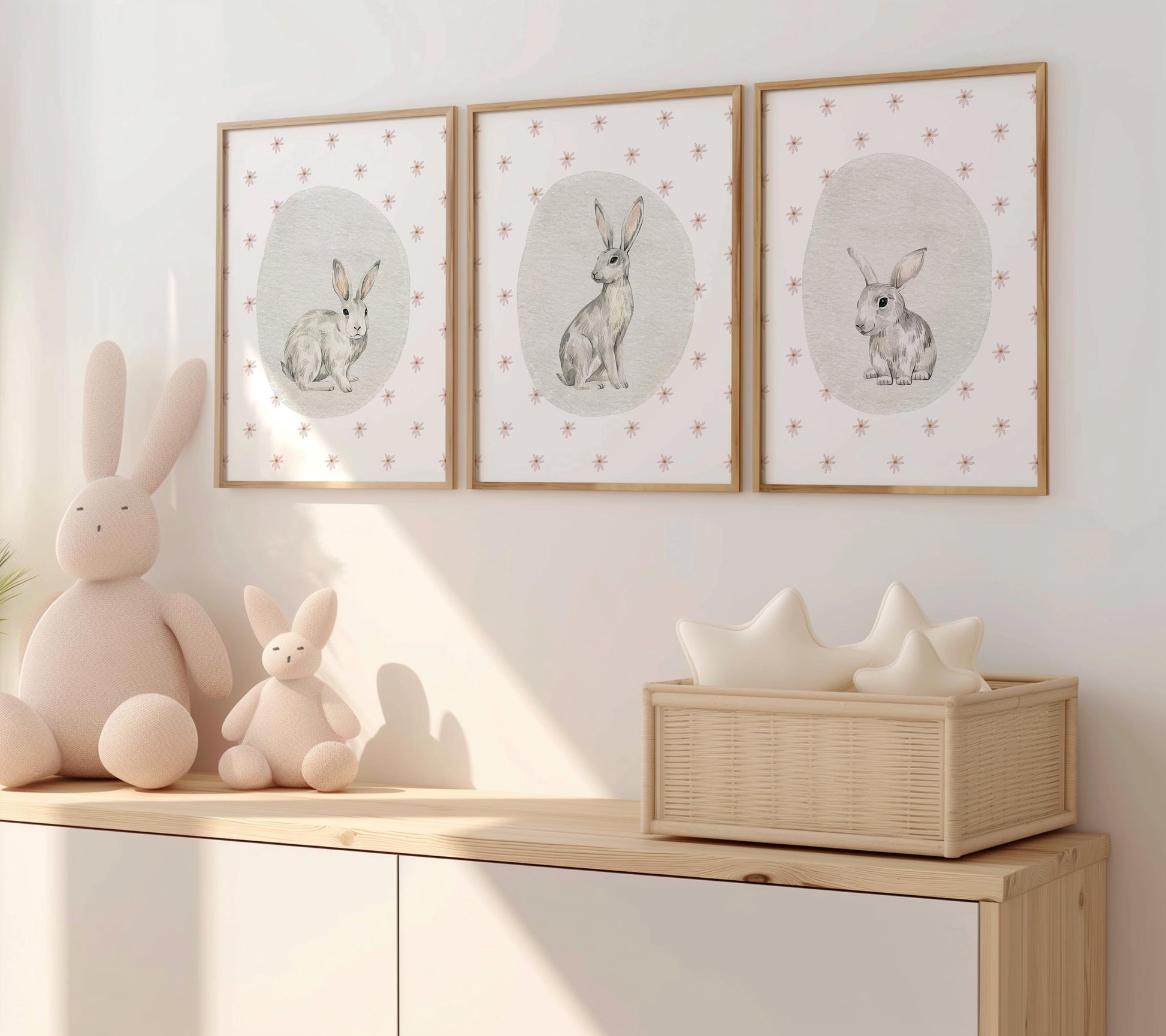 Bunny Nursery Wall Art Set of 3, Woodland Animals Prints, Baby Shower Gift, Kids Room Posters, Nursery Decor N190
