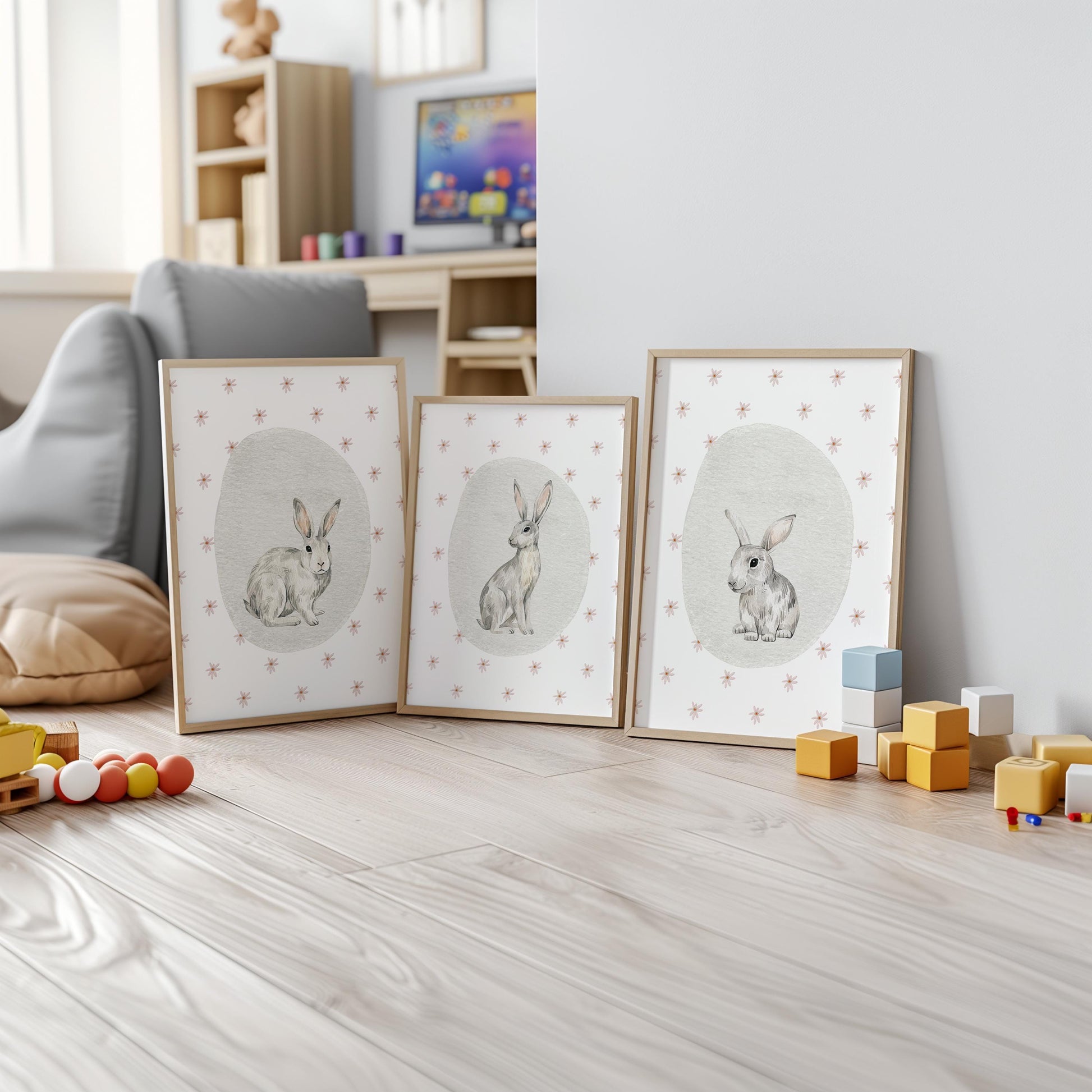 Bunny Nursery Wall Art Set of 3, Woodland Animals Prints, Baby Shower Gift, Kids Room Posters, Nursery Decor N190
