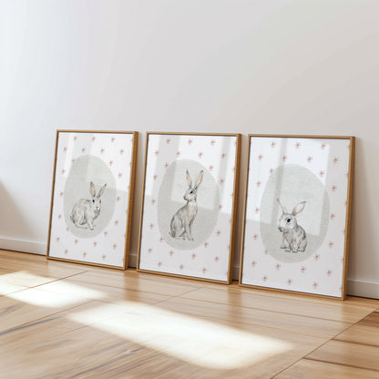 Bunny Nursery Wall Art Set of 3, Woodland Animals Prints, Baby Shower Gift, Kids Room Posters, Nursery Decor N190