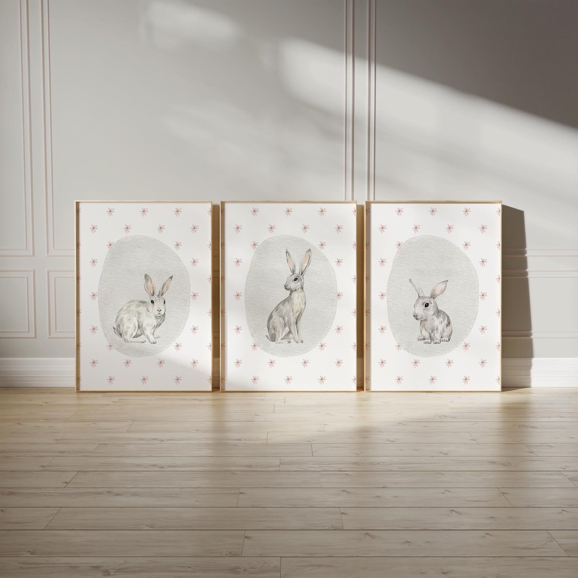 Bunny Nursery Wall Art Set of 3, Woodland Animals Prints, Baby Shower Gift, Kids Room Posters, Nursery Decor N190