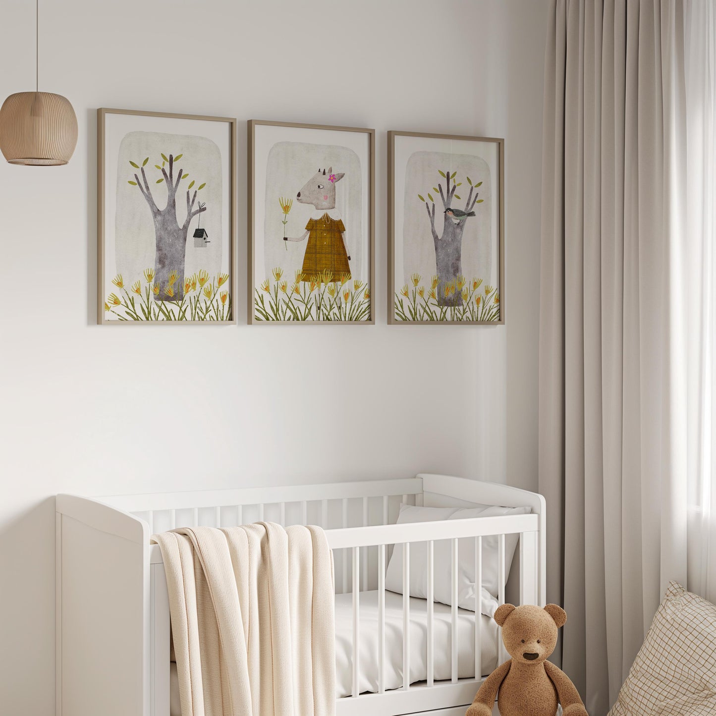 Set of 3 Nursery Enchanting Art Prints, Cute Wall Art Print for Children Room, Hand Painted Nursery Poster, Neutral Tone Storybook Print 191