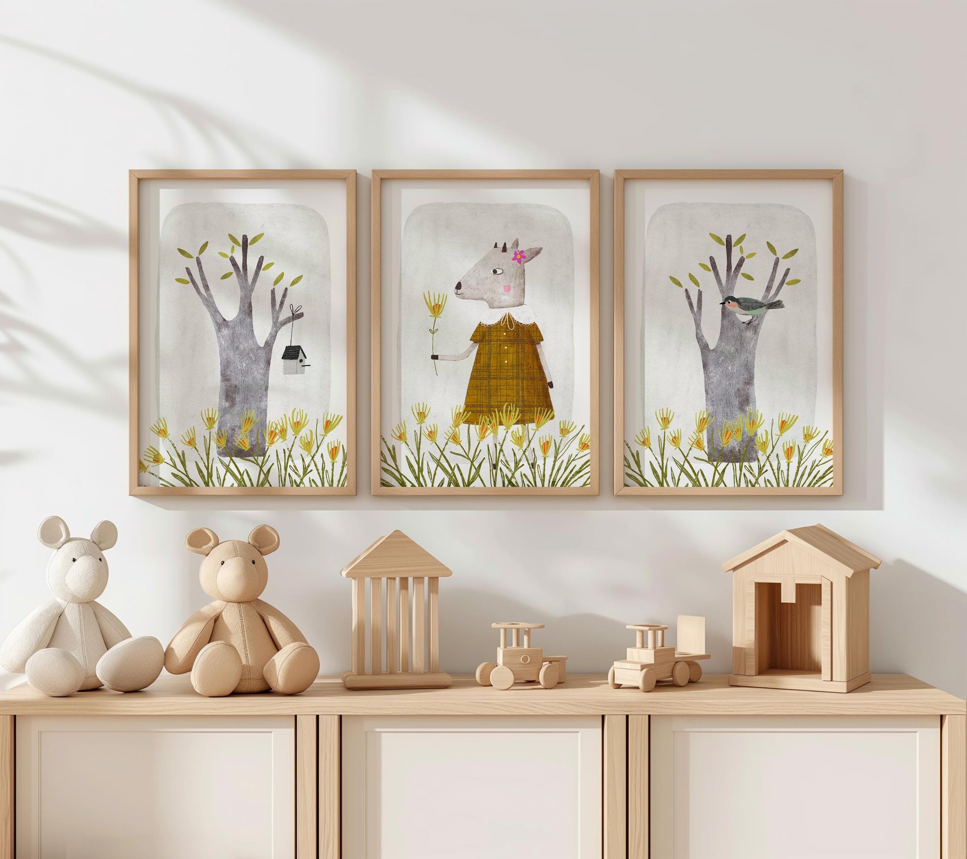 Set of 3 Nursery Enchanting Art Prints, Cute Wall Art Print for Children Room, Hand Painted Nursery Poster, Neutral Tone Storybook Print 191
