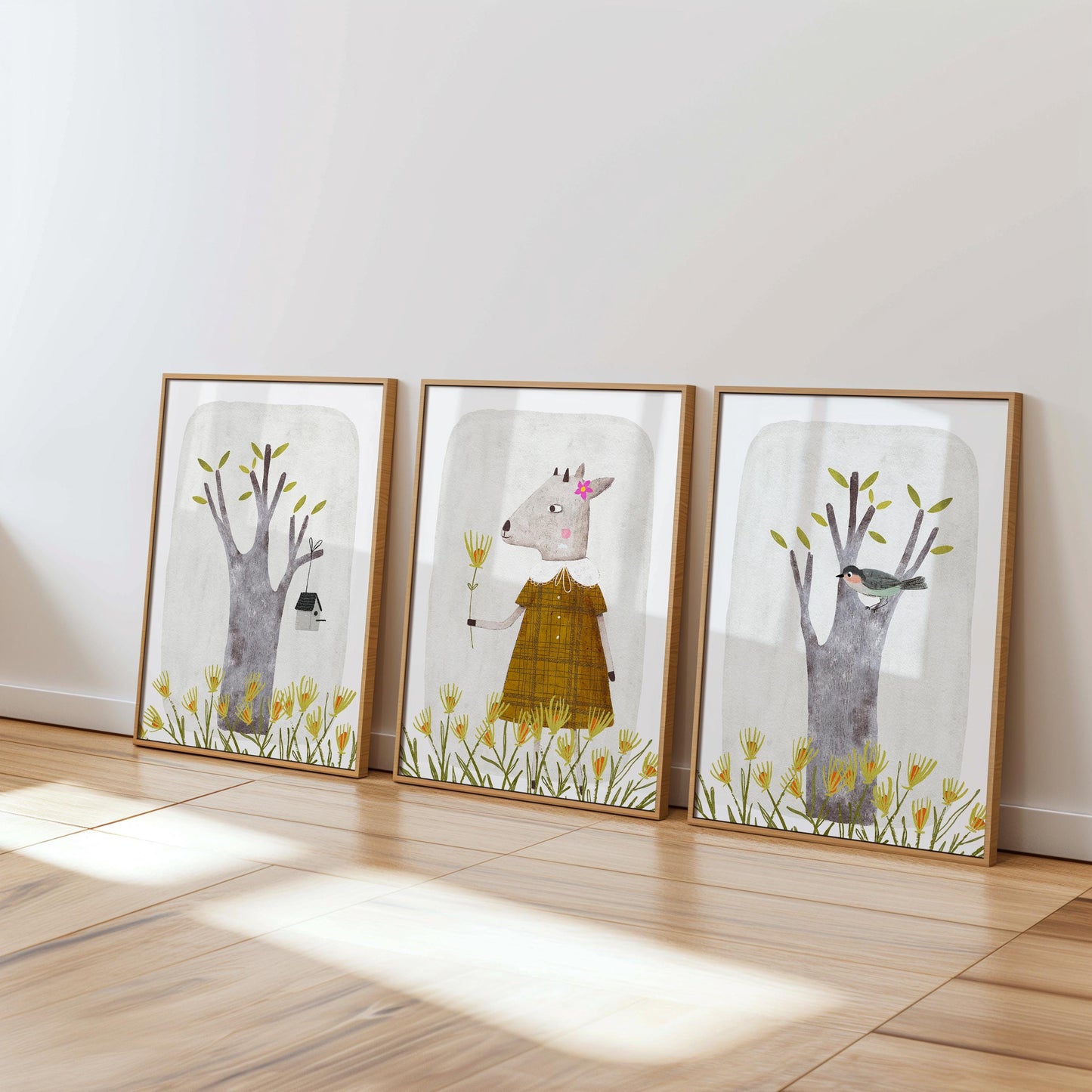 Set of 3 Nursery Enchanting Art Prints, Cute Wall Art Print for Children Room, Hand Painted Nursery Poster, Neutral Tone Storybook Print 191