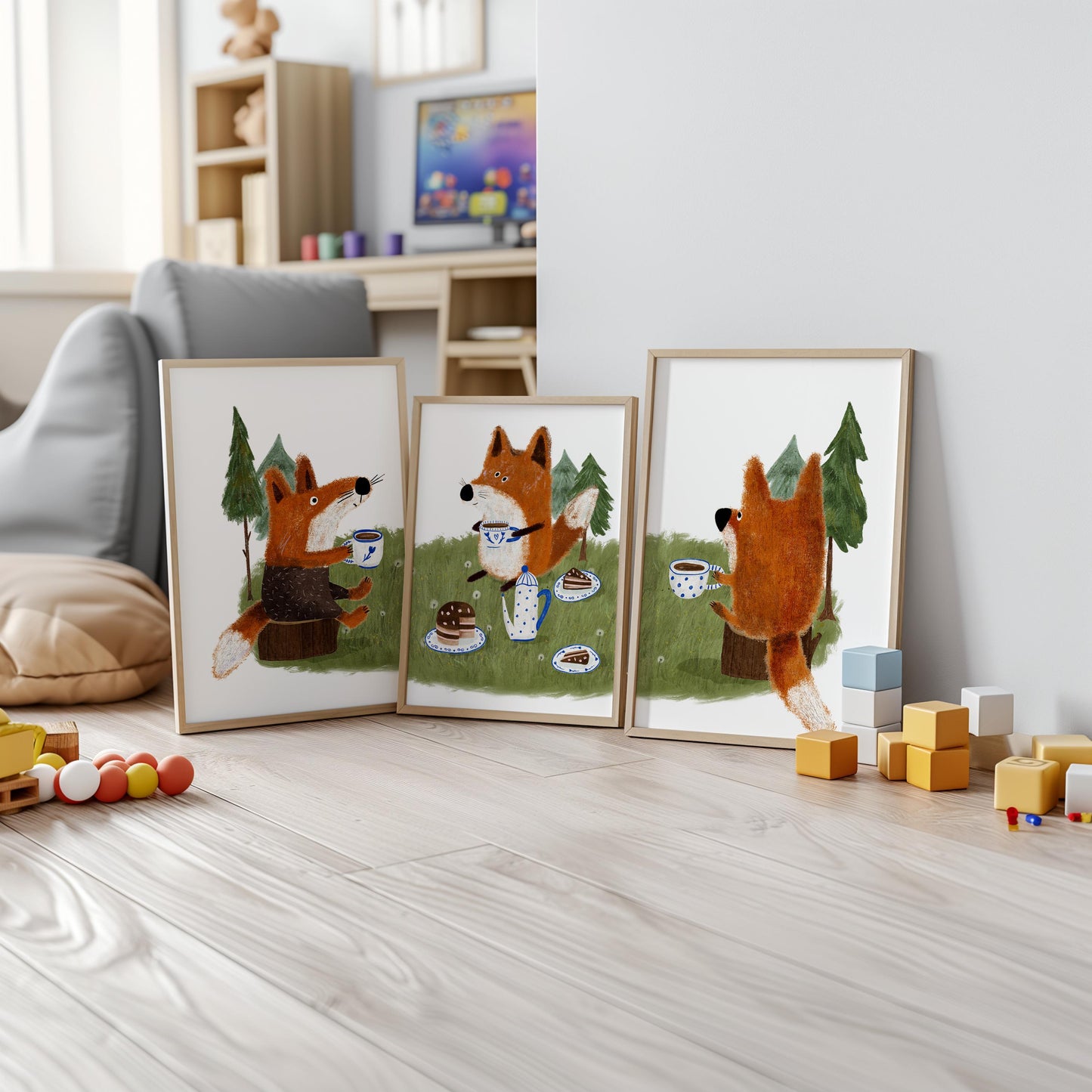 Set of 3 Nursery Woodland Art Prints, Fox Tea party Wall Art Print for Children Room, Kids Poster, Storybook Decor, Forest animal Art N192