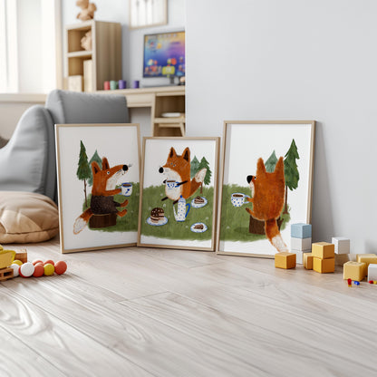 Set of 3 Nursery Woodland Art Prints, Fox Tea party Wall Art Print for Children Room, Kids Poster, Storybook Decor, Forest animal Art N192